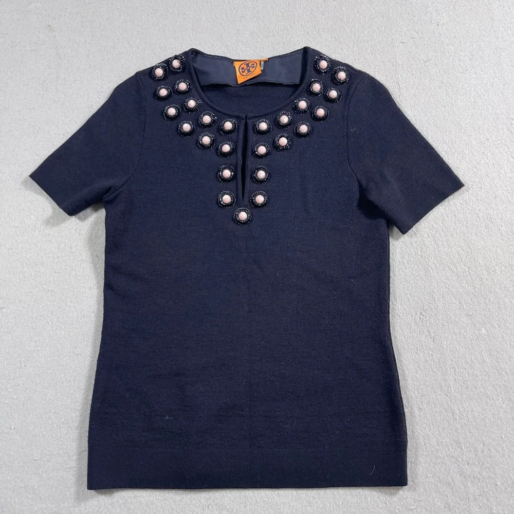 Tory Burch Top Women XS Navy Merino Wool Embellished‎ Short Sleeve Casual Luxury